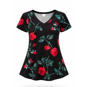 LuLaRoe Floral Rose V-Neck Tee Womens Large Black Red Green Short Sleeve